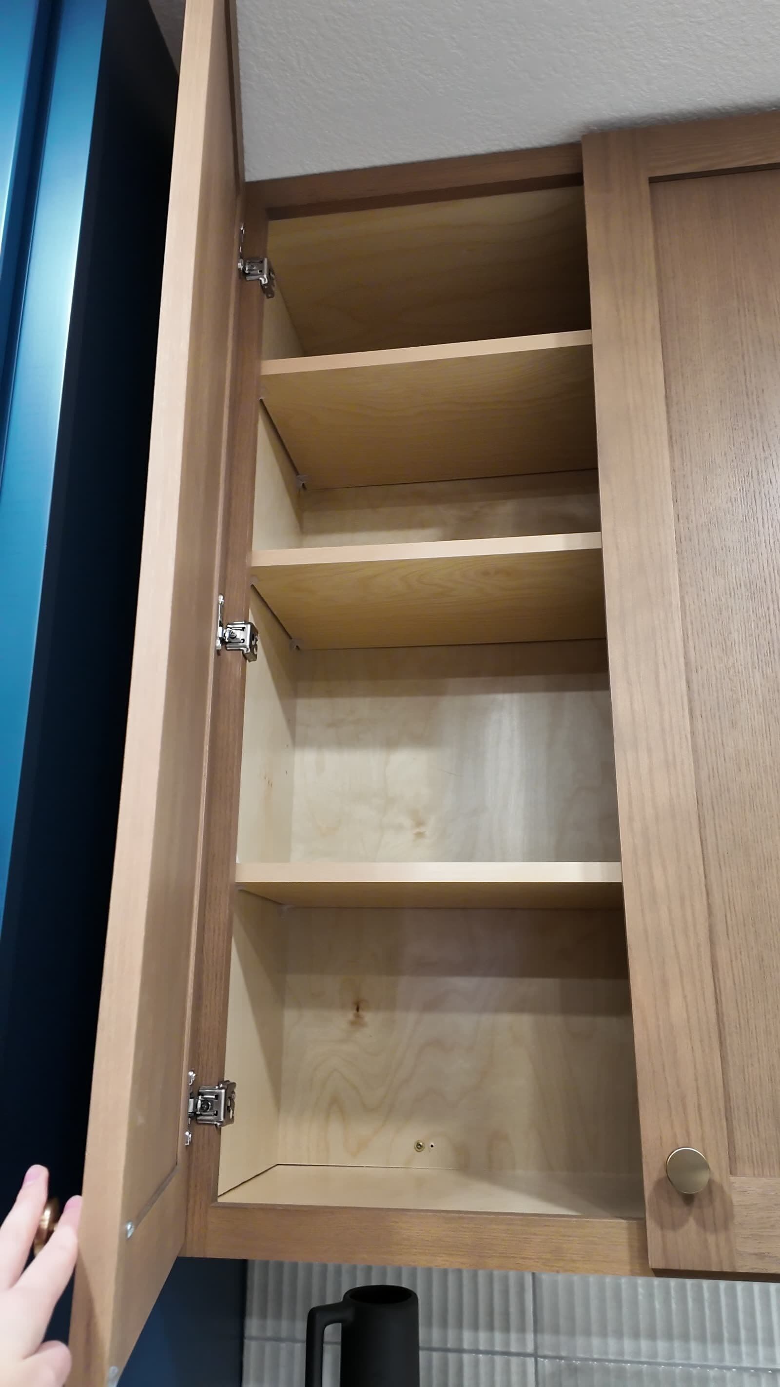 Open white-oak wall cabinet showing plywood box construction, adjustable shelves, and concealed hinges